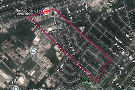 Aerial image of the Midtown Orangeville neighbourhood, outlined in red