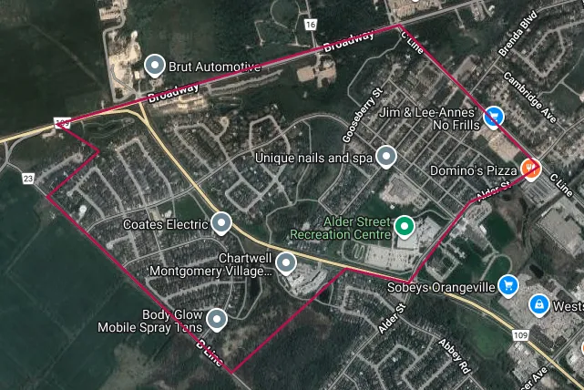 Aerial image of the Montgomery Village neighbourhood in Orangeville, outlined in red