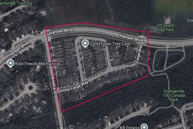 Aerial image of the Orangeville Highlands neighbourhood in Orangeville, outlined in red
