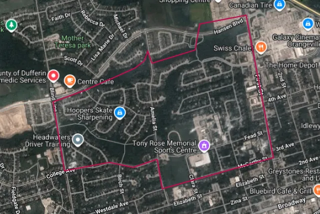 Aerial image of the Outer Downtown Orangeville neighbourhood in Orangeville, outlined in red