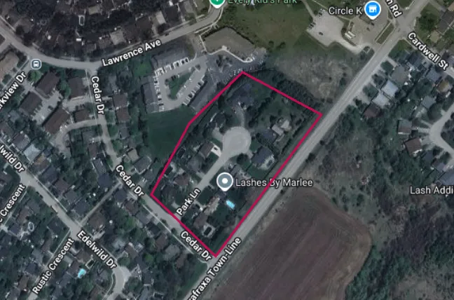 Aerial image of the Park Lane neighbourhood in Orangeville, outlined in red