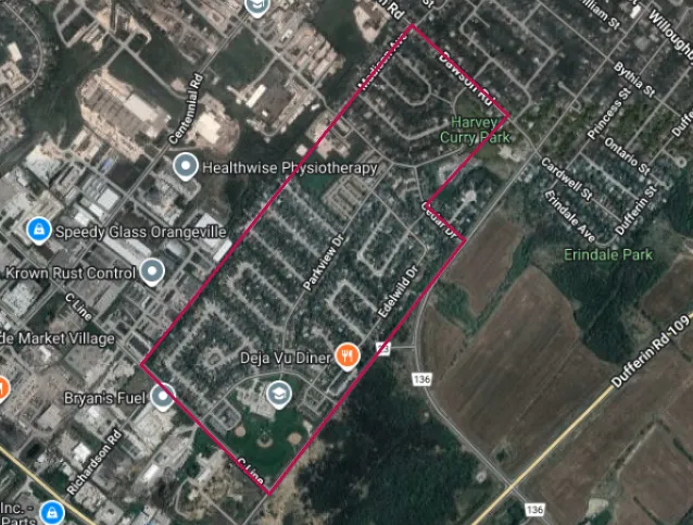 Aerial image of the Parkview Acres neighbourhood in Orangeville, outlined in red
