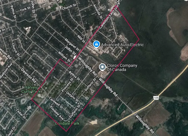 Aerial image of the South End, Orangeville Acres neighbourhood in Orangeville, outlined in red