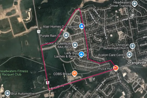 Aerial image of the Veteran's Park neighbourhood in Orangeville, outlined in red