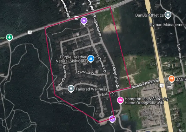 Aerial image of the Watermark neighbourhood in Mono, outlined in red