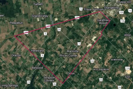 Map showing the East Garafraxa area outlined in red