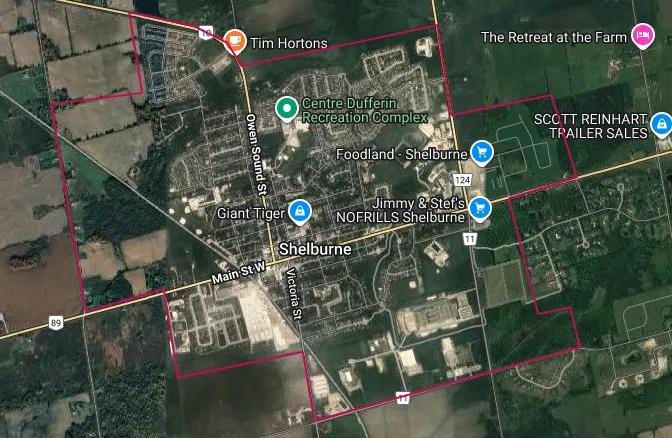 Map showing the Shelburne area outlined in red