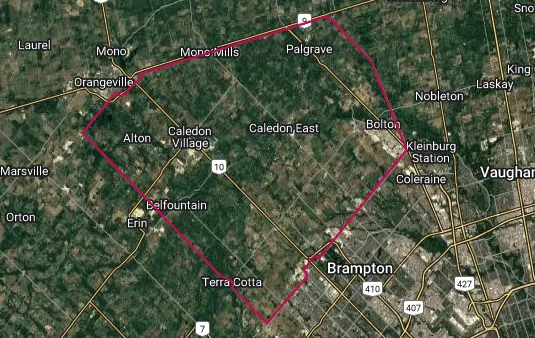 Map showing the Caledon area outlined in red