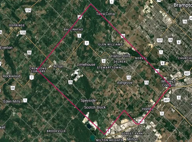 Map showing the Halton Hills, Ontario area outlined in red