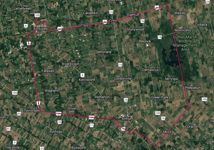 Map showing the Wellington North, Ontario area outlined in red