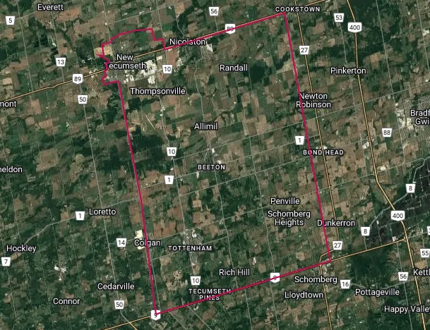 Map showing the New Tecumseth, Ontario area outlined in red