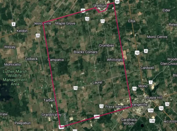Map showing the Amaranth, Ontario area outlined in red