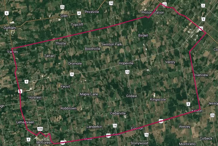 Map showing the Southgate, Ontario area outlined in red