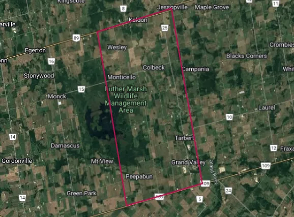 Map showing the Grand Valley, Ontario area outlined in red