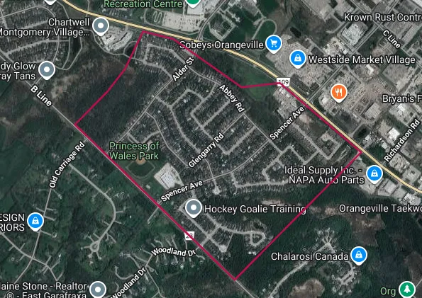 Aerial image of the Settler's Creek neighbourhood in Orangeville, outlined in red