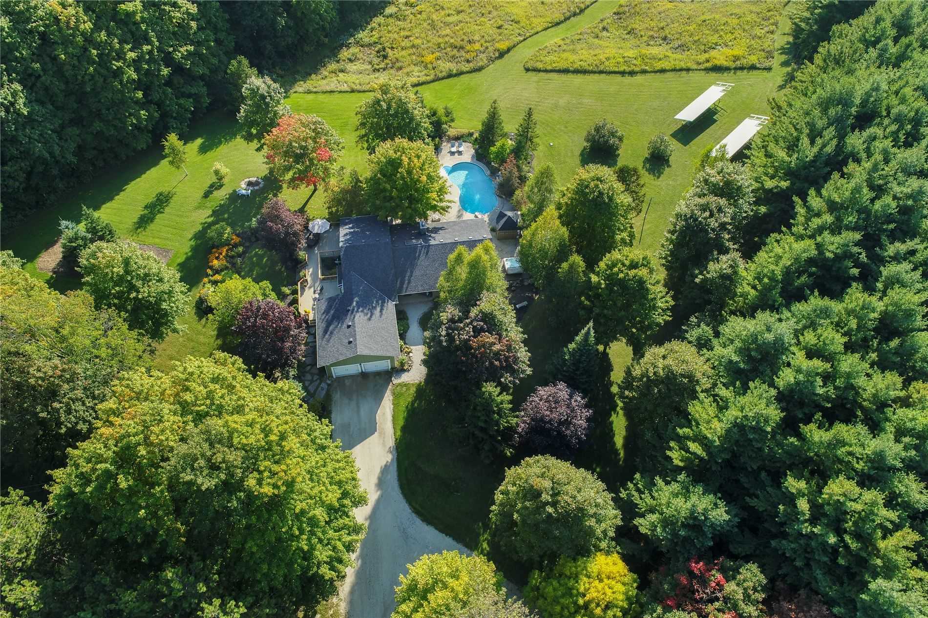 Aerial image of a spacious rural home with a pool on a large lot located within the Hamlet of Camilla in Mono, Ontario