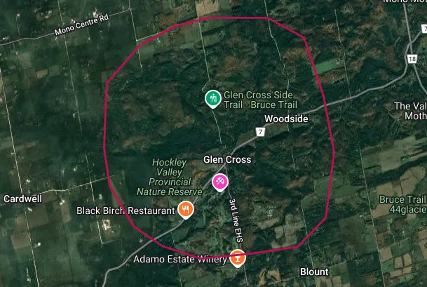 Map showing the Hockley Valley area outlined in red