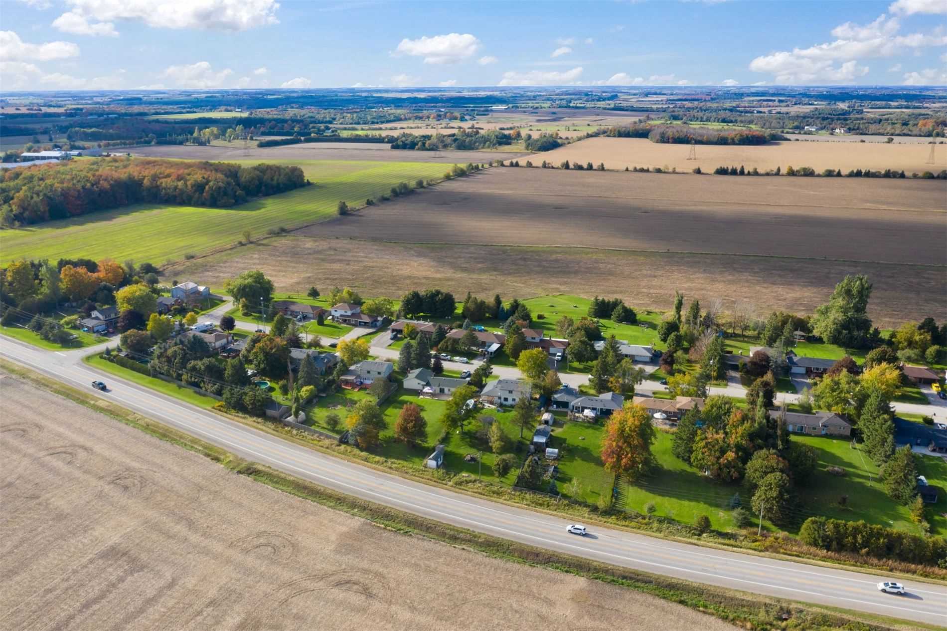 Aerial image of the Marsville neighbourhood in East Garafraxa, showing large homes and properties