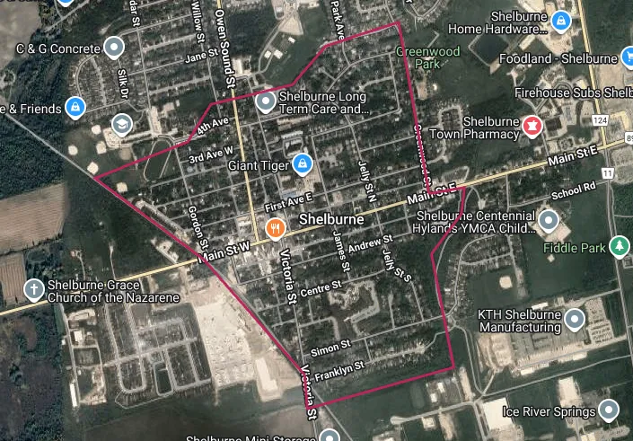 Map showing the Historic Downtown Shelburne area outlined in red