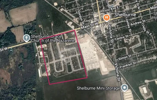 Map showing the Historic Downtown Shelburne area outlined in red