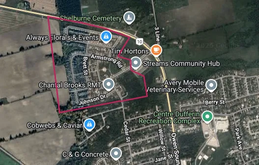 Map showing the Summerhill Shelburne area outlined in red