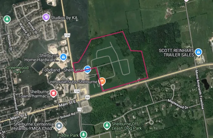 Map showing the Emerald Crossing Shelburne area outlined in red
