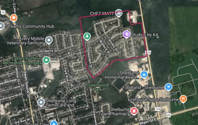 Map showing the Greenbrook Village Shelburne area outlined in red