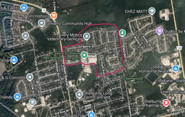 Map showing the Fiddler's Glen Estates area in Shelburne outlined in red
