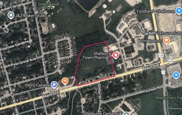 Map showing the Ravine's Edge area in Shelburne outlined in red