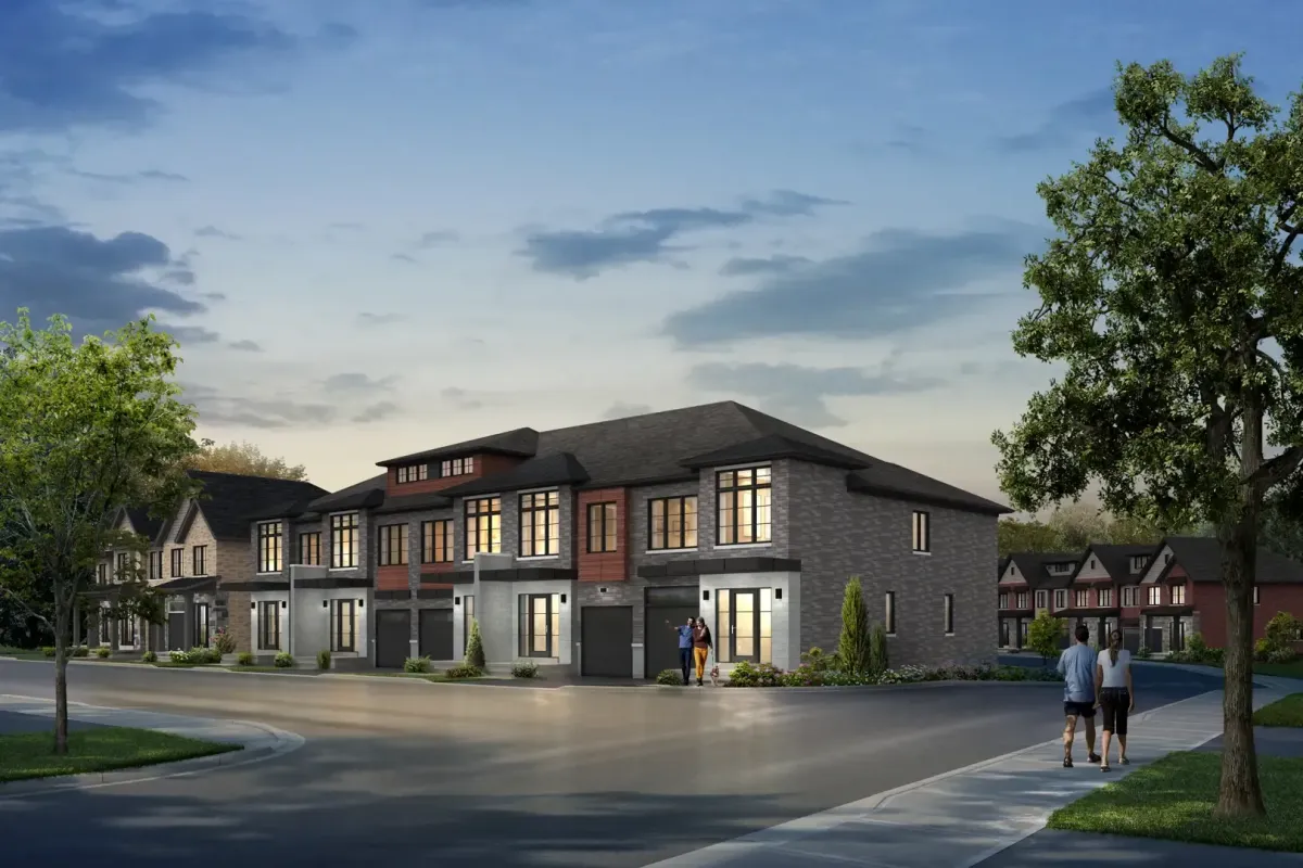 Digital rendering of the Ravine's Edge community showing a row of townhomes