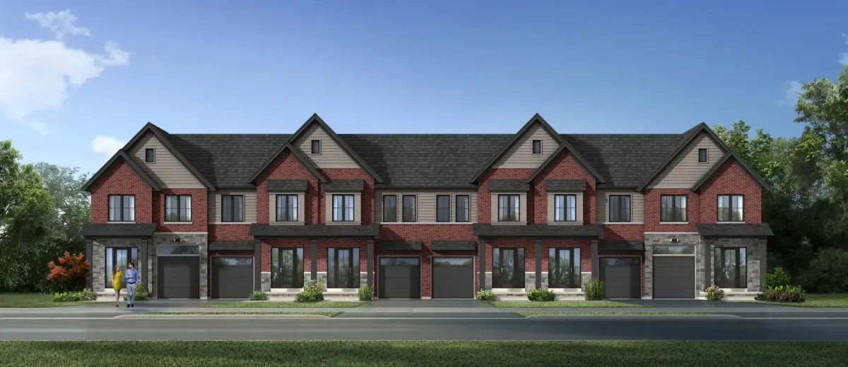 digital rendering of a row of townhomes located in the Ravine's Edge community of Shelburne