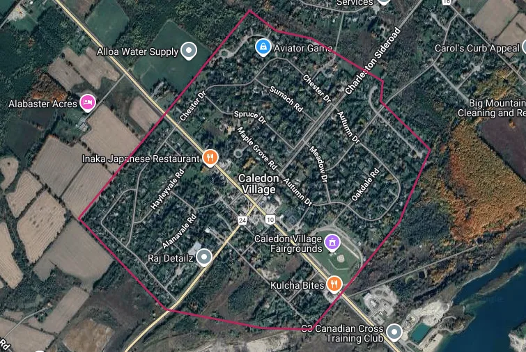Map showing the Caledon Village, Ontario area outlined in red