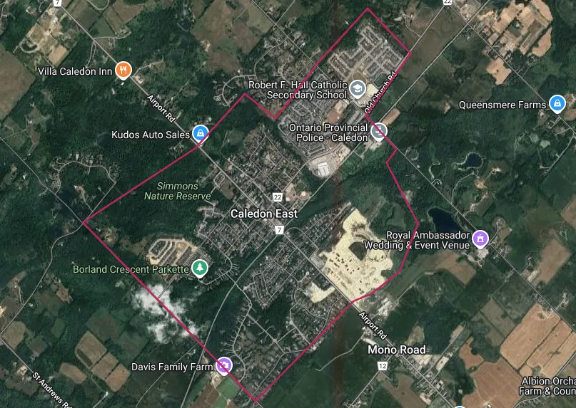 Map showing the Caledon East, Ontario area outlined in red