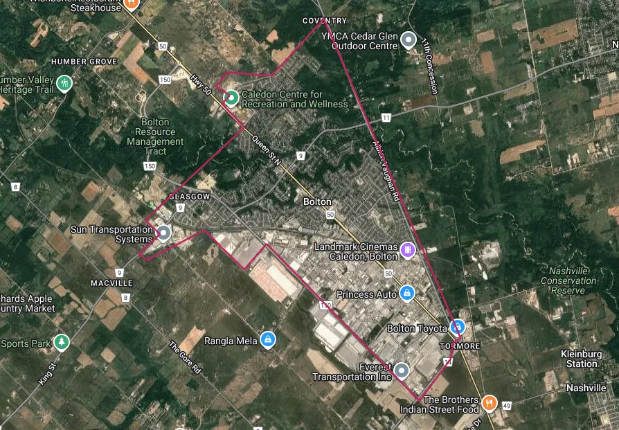 Map showing the Bolton, Ontario area outlined in red