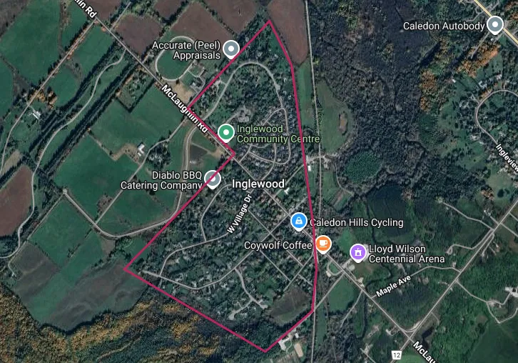 Map showing the Inglewood, Ontario area outlined in red