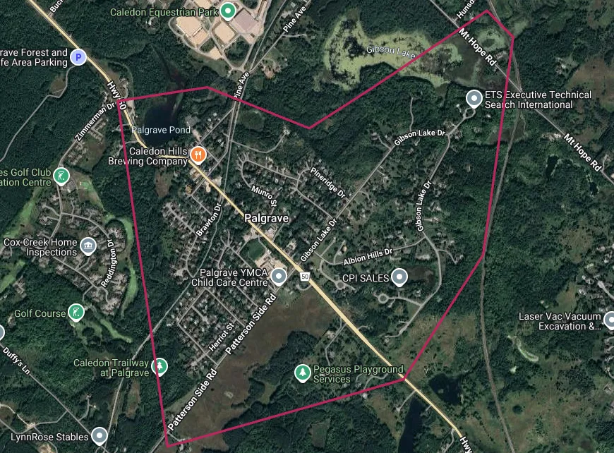 Map showing the Palgrave, Ontario area outlined in red