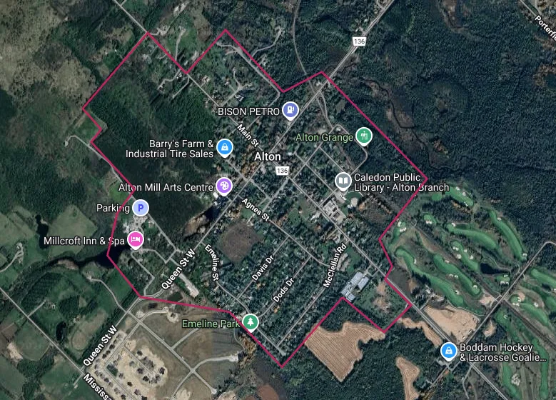 Map showing the Alton, Ontario area outlined in red