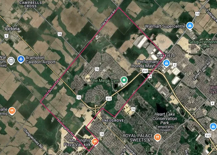 Map showing the Mayfield West, Ontario area outlined in red