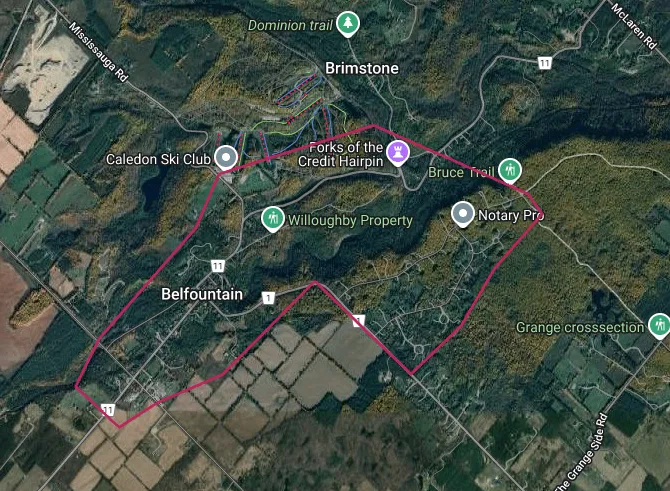 Map showing the Mayfield West, Ontario area outlined in red