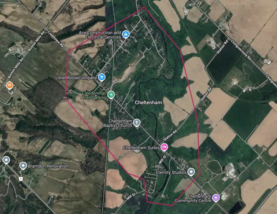 Map showing the Cheltenham, Ontario area outlined in red