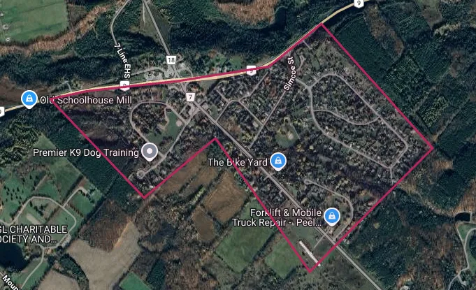 Map showing the Mono Mills, Ontario area outlined in red