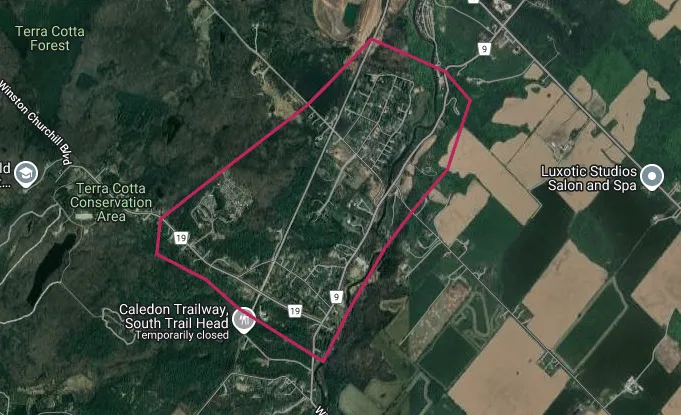 Map showing the Terra Cotta, Ontario area outlined in red