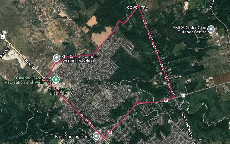 Map showing the Bolton, Ontario area outlined in red