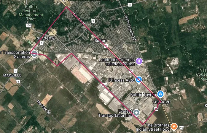 Map showing the Bolton West, Ontario area outlined in red