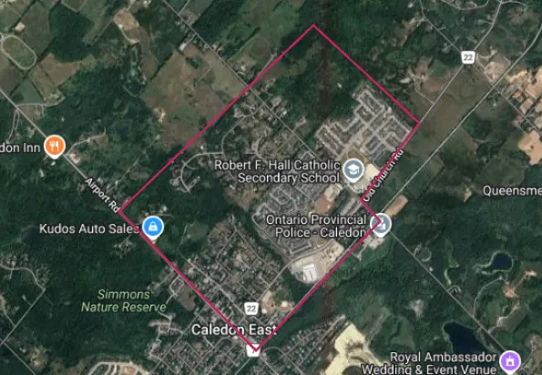 Map showing the Robert F Hall Area in Caledon East, Ontario area outlined in red