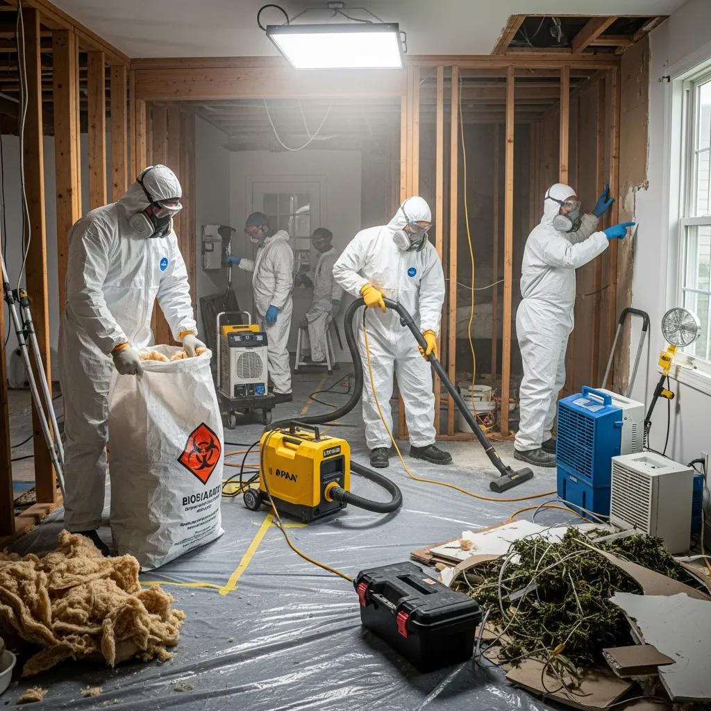 Remediation crew at work inside a property previously used as a grow-op, demonstrating cleanup and compliance steps