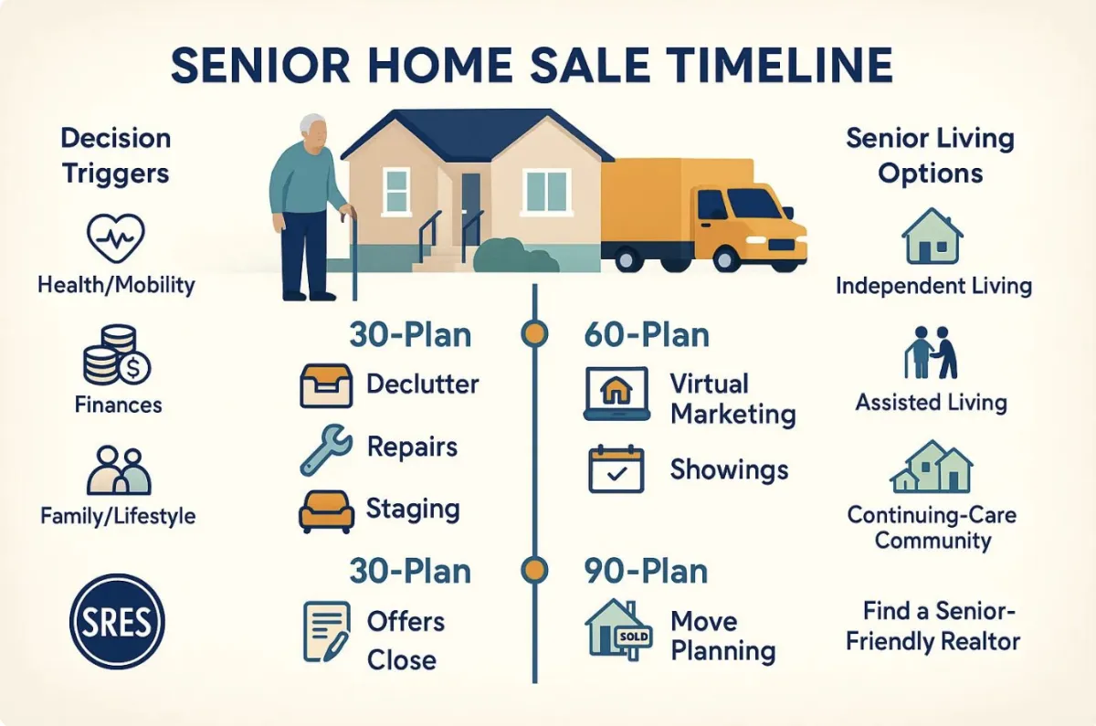 Infographic showing steps for seniors selling their home, including planning, taxes, and a house with a senior moving out