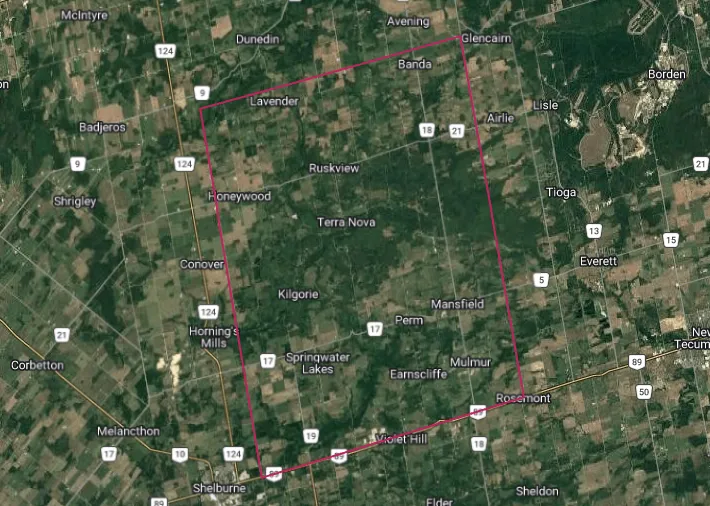 Map of the Mulmur township real estate area outlined in red