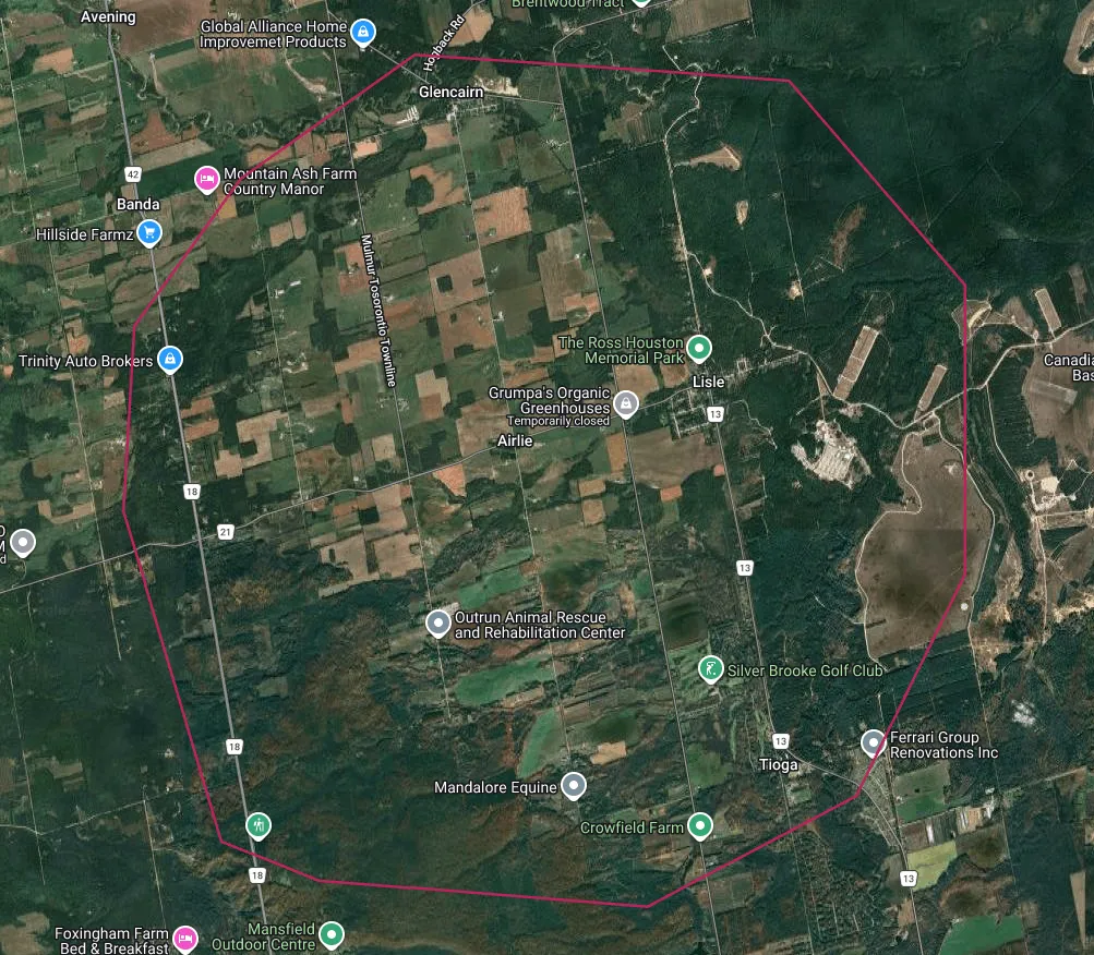 Map of Airlie area in Mulmur township real estate area outlined in red