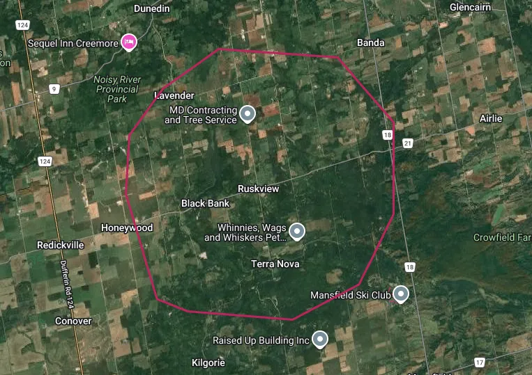 Map of the Mulmur township area highlighting the Ruskview real estate area outlined in red